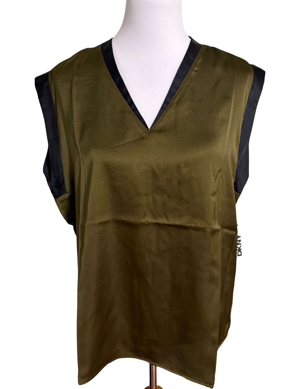 DKNY Olive Green Sleeveless V-Neck Blouse with Black Trim